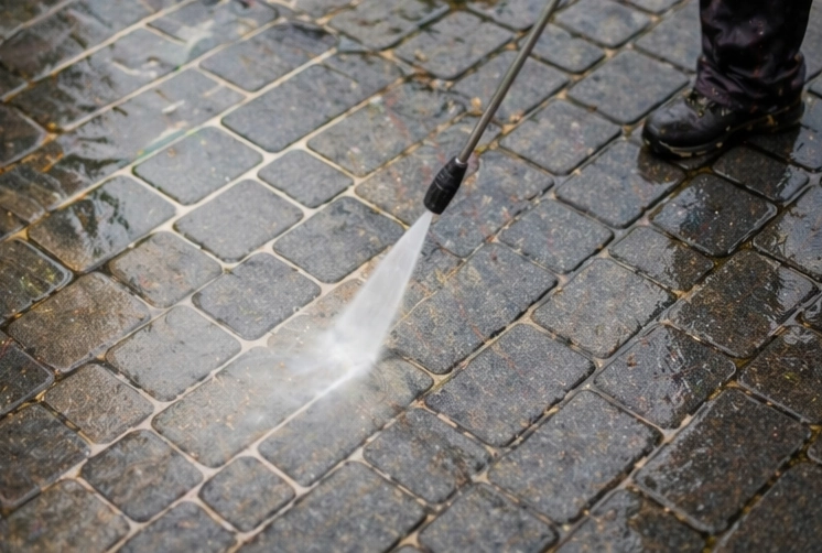 Mycie kostki brukowej przydomowej ścieżki za pomocą myjki ciśnieniowej